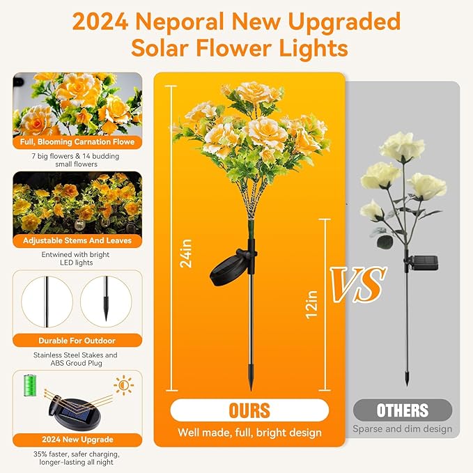Neporal Solar Lights Outdoor Decorative, Solar Garden Lights with Carnation Flower, Solar Flower Lights Outdoor Garden Waterproof IP65 - Gardening Gifts for Women