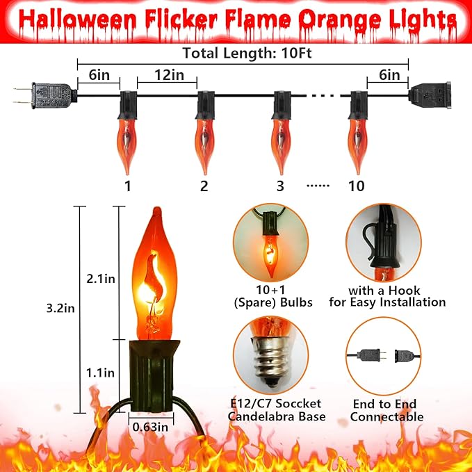 Halloween Flicker Flame Lights Orange String Lights, 10Ft C7 Vintage Flickering Flame Lights 10 Orange Flame Light Bulbs, Halloween String Light for Indoor Outdoor Halloween Christmas Decorations