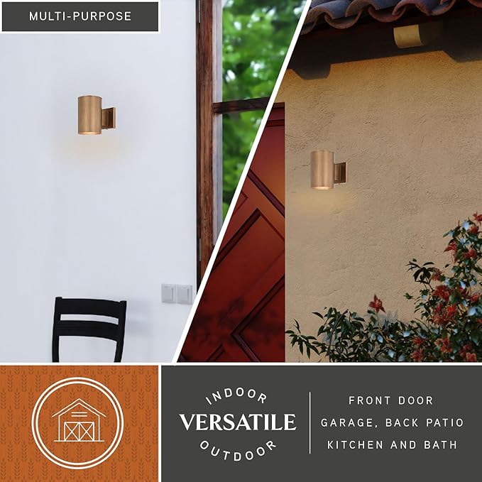 VAXCEL Chiasso Modern Outdoor Porch Light, 5" W x 7.25" H Gold Brass Cylinder Wall Sconce, Waterproof Dark Sky Wall | Lumora
