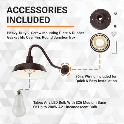 14in. Architectural Bronze Outdoor Gooseneck Barn Light Fixture with 22in. Long Extension Arm - Wall Sconce Farmhouse, Vintage, Antique Style - UL Listed - 9W 900lm A19 LED Bulb (5000K Cool White)