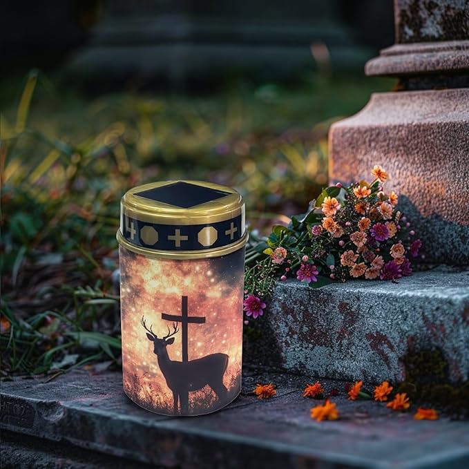 Poceacles 2 Pieces Cross Outdoor Solar Lights Solar Garden Lights Cemetery Solar Lights Water Resistant Pillar Candle Solar Garden Stake Lights for Cemetery Grave Decorations, Deer Cross Galaxy Red