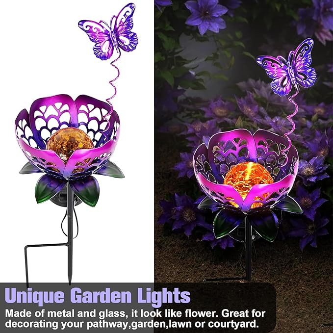 Outdoor Solar Flower Light, Crackle Glass Globe LED Lights, Metal Butterfly Decorations Lights, Hollow Petal Tulip Stake Light for Patio Yard Walkway Ground Lawn Ornaments Gifts (Purple)
