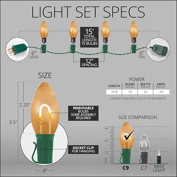 15' FlexFilament LED Warm White C9 Christmas Lights Outdoor String Lights, Shatterproof Edison Bulb String Lights | Lumora