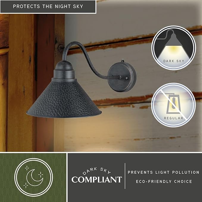 VAXCEL Outland 9.5 in. H 1-Light Aged Iron and Light Gold Dusk to Dawn Sensor Farmhouse Outdoor Wall Sconce, Gooseneck Metal Shade, Dark Sky Compliant for Exterior Porch Patio Front Door or Garage