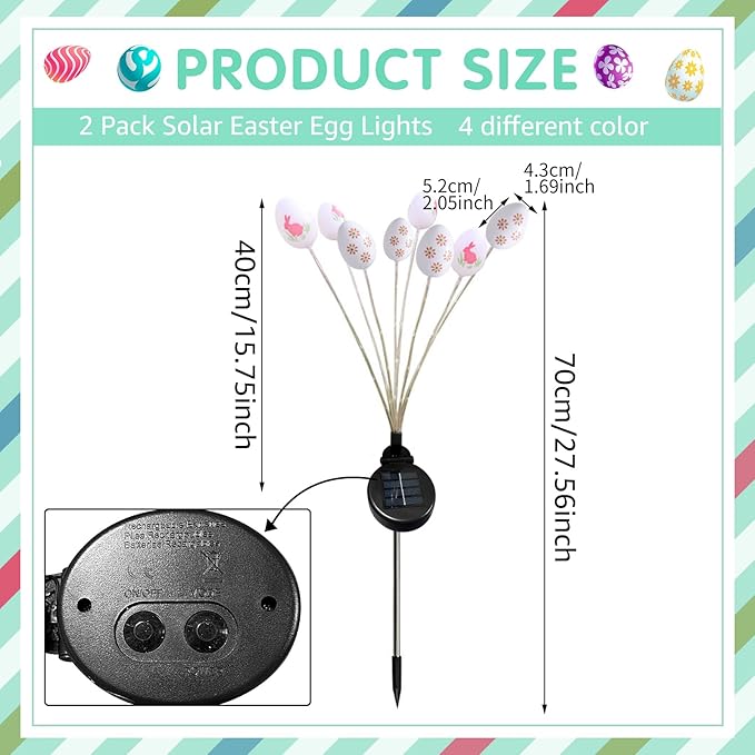 2 Pack Solar Easter Egg Light Outdoor Garden Pathway Solar Stake Light Colorful Eggs Swaying Firefly Light Waterproof Spring Yard Lawn Decor