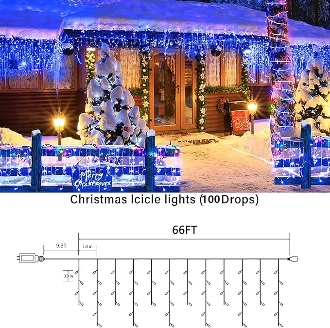 Joomer Christmas Icicle Lights - 66FT String Lights Outdoor Waterproof, 8 Modes Timer Connectable Plug-in String Light for Eaves, Roofs, Christmas Decorations (Blue, Non-Connectable)