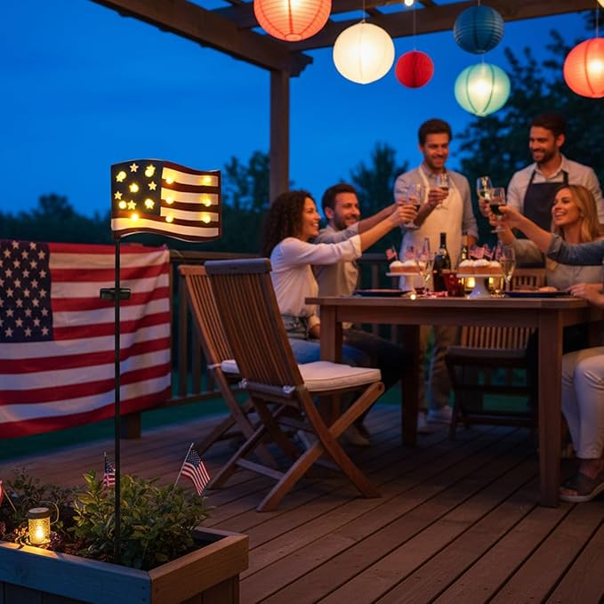 Garden Lights Solar Powered American Flag for Fourth of July Decorations, Memorial Day Decorations Outdoor Tall Patriotic Solar Patio Lights with 12 Vintage Bulbs 49.6" for Yard Pathway Lawn
