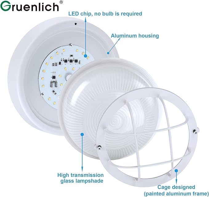 GRUENLICH 8'' Round LED Bulkhead Light Fixture, Outdoor Wall Lights Dimmable, Sauna & Exterior Lighting, ETL Rated | Lumora