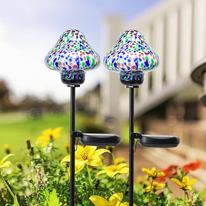 Bshine Mushroom Solar Outdoor Lights, Mosaic Mushroom Lamp Hand-Blown Glass Waterproof Metal Stakes Decorate | Lumora