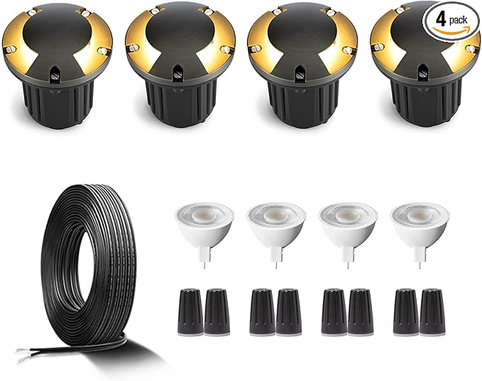 Gardenreet Brass Low Voltage Well Lights for Landscaping Kit(4 Pack) with MR16 Bulb & 100Feet Wire & Connectors | Lumora