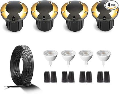 Gardenreet Brass Low Voltage Well Lights for Landscaping Kit(4 Pack) with MR16 Bulb & 100Feet Wire & Connectors, 12V AC/DC LED In Ground Landscape Lighting for Outdoor Yard Garden Path(2 Way Turret)