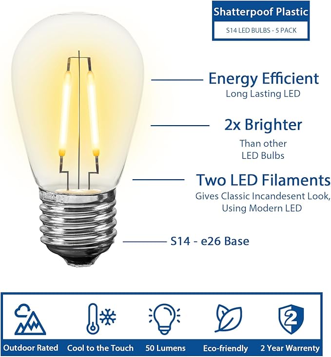 Novelty Lights Outdoor String Light Dual-Filament Replacement Bulbs, 25 Pack S14 LED Edison Shatterproof Plastic | Lumora