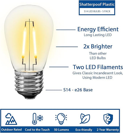 Novelty Lights Outdoor String Light Dual-Filament Replacement Bulbs, 25 Pack S14 LED Edison Shatterproof Plastic, E26 Base, 30,000-Hour Lifespan, 2200K Warm White