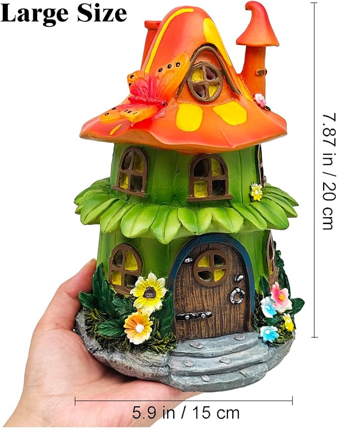 Solar Garden Figurine Lights, Large Resin Mushroom House Decorative Statue Waterproof Outside Ornament for Patio Yard Lawn Balcony (Orange)