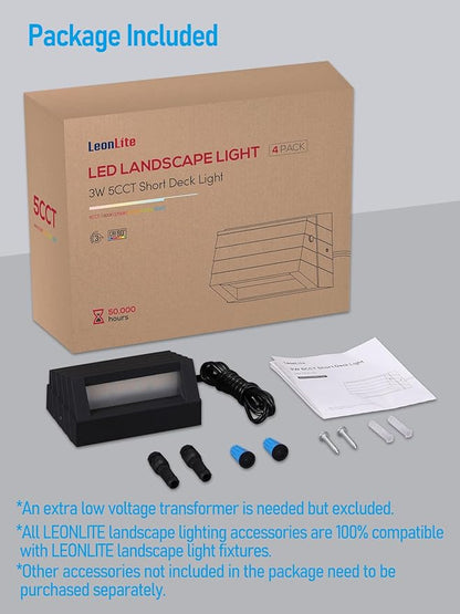 LEONLITE 5CCT Low Voltage Fence Lights, 4inch 3W LED Deck Lights, 12-24V AC/DC Landscape Step Railing Light, CRI90, 1800K/2700K/3000K/4000K/5000K, IP65, UL Listed Cord, Black, Aluminum, Pack of 4