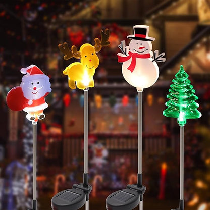 Glintoper 4 Pack Solar Christmas Figurine Lights, Outdoor Lighted Decorative Santa Claus, Snowman, Xmas Tree & Reindeer with Garden Stakes, Warm White LED Lighting Yard Stake for Path Lawn Patio Decor