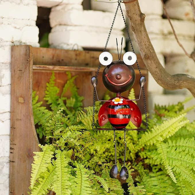 Glowing Ladybug Swing Solar Lights - Adorable Animal Outdoor Garden Decor - Waterproof Solar Lanterns Lamp for Patio Yard Pathway - Gifts for Mom Grandma Women