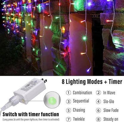 Joomer Christmas Icicle Lights - 19FT Outdoor String Lights Waterproof, 8 Modes Timer Connectable Plug-in String Light for Christmas Party, Eaves, Roofs, Xmas Decorations (Multicolor)