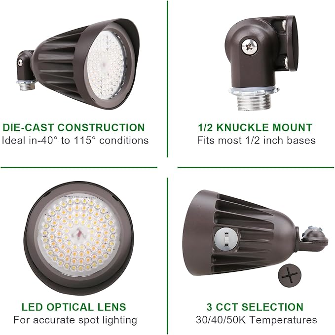 OSTEK 25W LED Bullet Spotlight Flood Light, 3CCT Selectable LED Landscape Spotlight with Knuckle Mount 3500LM, 0-10V Dimmable Commercial Outdoor Weatherproof Flood Light 120-277V, UL-Listed (1 Pack)