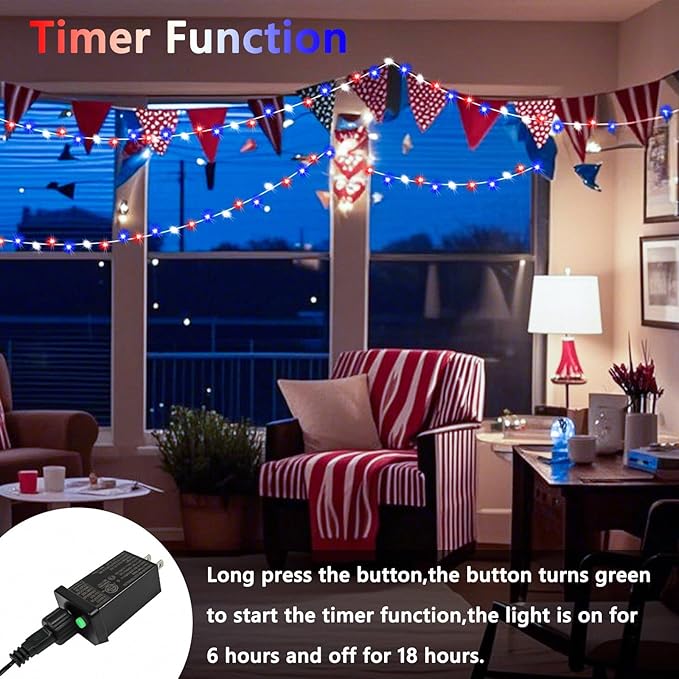 4th of July Decorations Red White and Blue Lights, 200 LED 66FT String Light Plug-in, 8 Modes 4th of July Lights for Indoor Outdoor Independence Day Memorial Day American Flag Patriotic Holiday Decor