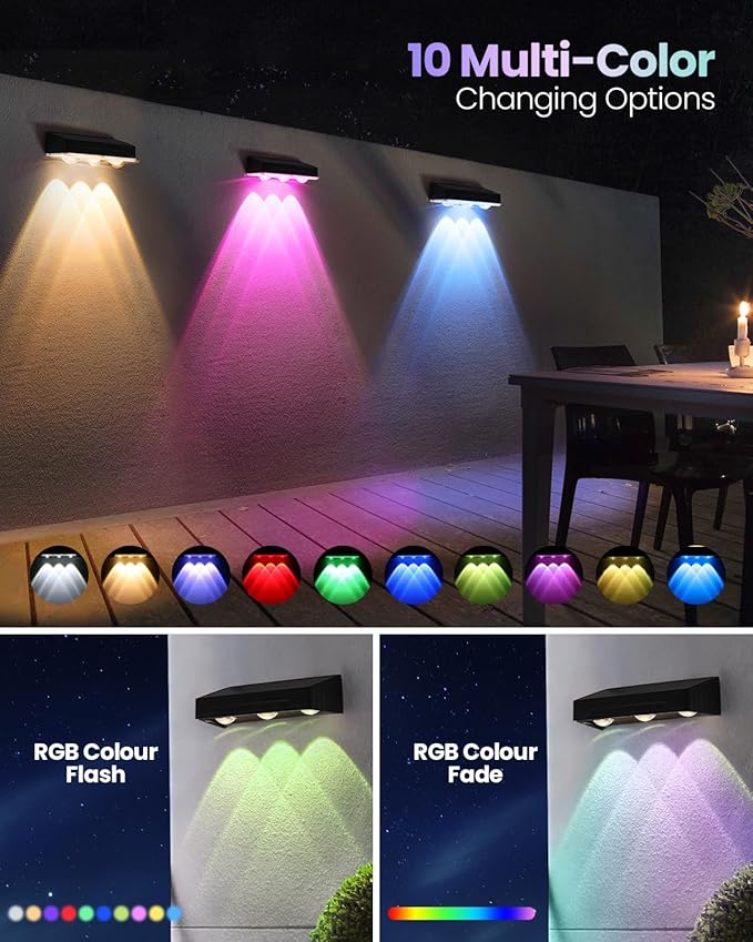 Solar Fence Lights Outdoor, 2025 Upgraded Solar Fence Lights Have 3 x 70 Lumen Reflector Lenses and 12 RGB Patterns, IP65 Waterproof Auto On/Off for Backyard, Deck, Steps, Fence (8 Pack)
