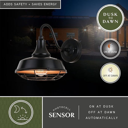 VAXCEL Dorado 10.25 in. H 1-Light Dark Bronze and Light Gold Dusk to Dawn Sensor Industrial Outdoor Wall Sconce, Gooseneck Metal Shade, LED Compatible for Exterior Porch Patio Front Door or Garage