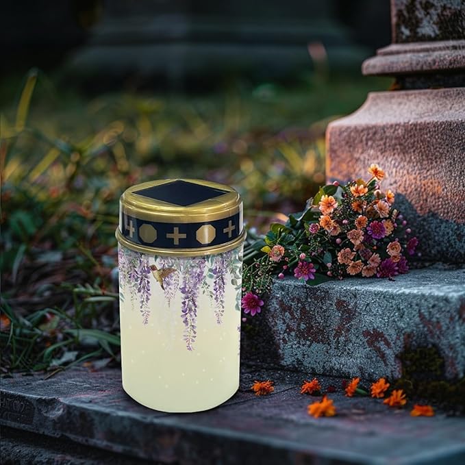 Cemetery Solar Lights for Grave,Outdoor Waterproof Solar Pathway Lights LED Solar Lantern Landscape Lighting Solar Stake Lights,Wall Light Auto On/Off,Purple Lavender