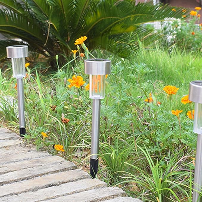 8pcs Solar Garden Lights Stainless Steel Waterproof Ground Plug LED Pathway Lamps Outdoor Lawn Landscape Lighting White Light for Yard and Patio