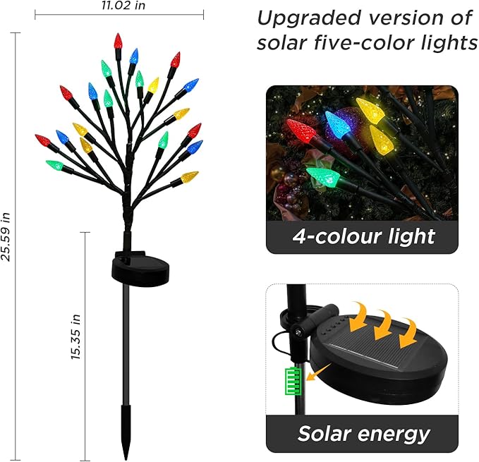 Christmas Outside Decorations Solar Garden Lights Outdoor,2PACK 40LED Multicolor C6 Strawberry Path Decor with Xmas Party Gifts Decor,Solar Christmas Candy Lights for Home Holiday Decor