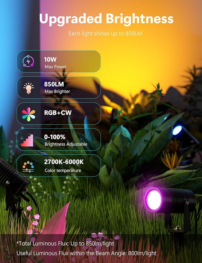 Smart Landscape Lights, APP Controlled RGBCW Color Changing Spot Lights, IP65 Waterproof 24V Low Voltage Outdoor | Lumora