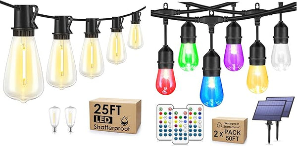 25FT Plug in ST38 Outdoor String Lights Bundle with 100FT Solar Powered S14 RGB Outdoor String Lights with Remote | Lumora
