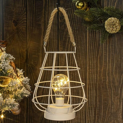 JHY DESIGN Decorative Cage Bulb Lamp Battery Powered Lights 8.5" Tall Cordless Accent Light with Edsion Style Bulb Great for Weddings Parties Patio Events for Indoors Outdoors(White)