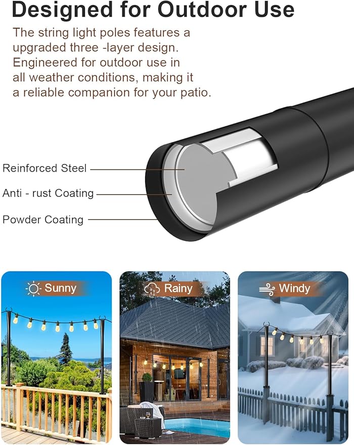 2 Pack String Light Poles for Deck, 5Ft Heavy-Duty Metal Deck Light Poles for Outside with Fixing Clips, Lighting | Lumora