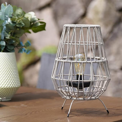 Solar Yard Decorative Solar Outdoor Tabletop Lights - 2 Pack, 15-inch Patio, Porch, and Garden Decor with LED Edison Bulbs in Water Resistant Resin & Polyester Cord Woven Design - Taupe Brown