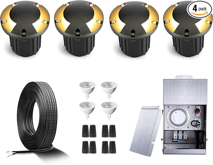 Gardenreet Brass Waterproof In Ground Well Light Kit(4 Pack) with 75W Low Voltage Transformer & MR16 Bulb & 100Feet | Lumora