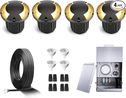 Gardenreet Brass Waterproof In Ground Well Light Kit(4 Pack) with 75W Low Voltage Transformer & MR16 Bulb & 100Feet Wire & Connectors, 12V LED Landscape Lighting for Outdoor Walkway Path(2 Way Turret)