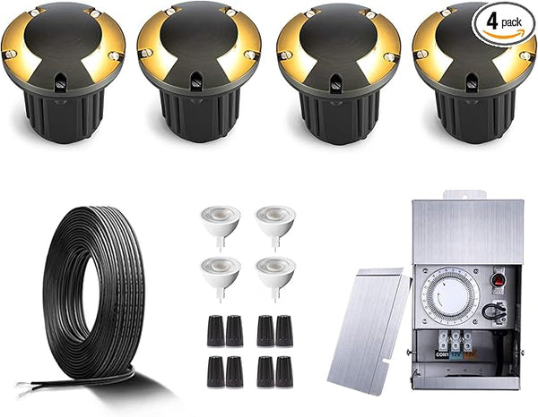 Gardenreet Brass Waterproof In Ground Well Light Kit(4 Pack) with 75W Low Voltage Transformer & MR16 Bulb & 100Feet | Lumora