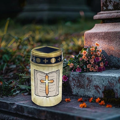 Bible Solar Light Outdoor Waterproof Lantern Walkway Solar Powered Cross Flameless Candle Led Light Solar Lights for Cemetery Grave Decoration Solar Powered Cemetery Light