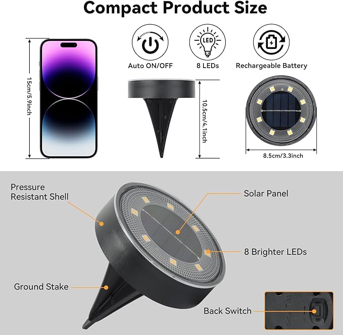 ELUTENG Solar Ground Lights 8 Pack IP68 Waterproof Solar Pathway Lights 8 LED Garden Lights Anti-Rust Outdoor | Lumora