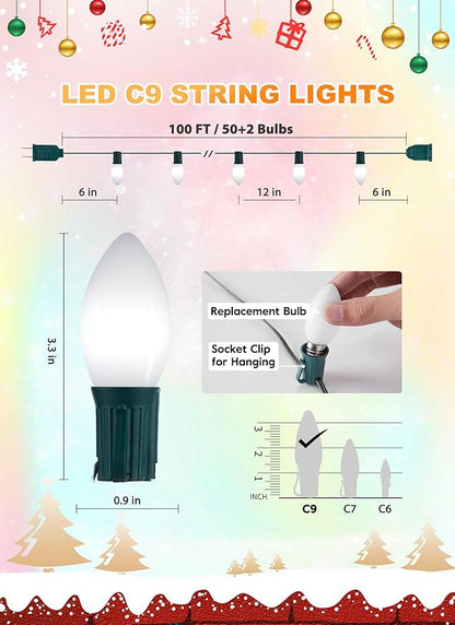 Vintage C9 LED Christmas Lights Outdoor, 100 Feet C9 String Lights with 50 Shatterproof C9 Bulbs, Waterproof Connectable Christmas Tree Lights for Outside Roofline Patio Xmas Decorations, Pure White