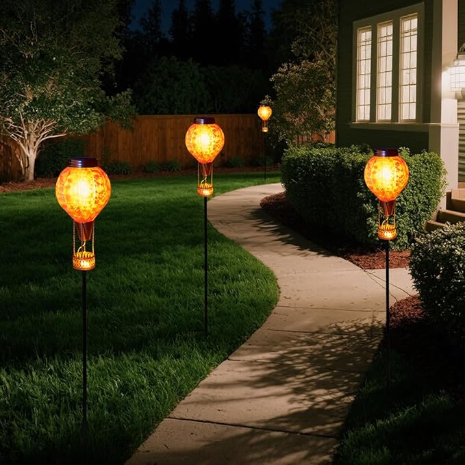 Solar Garden Lights Outdoor with Hot Air Balloon, Stake Garden Lights Solar Waterproof Flickering Lantern Lawn Pathway Patio Decor(Purple)