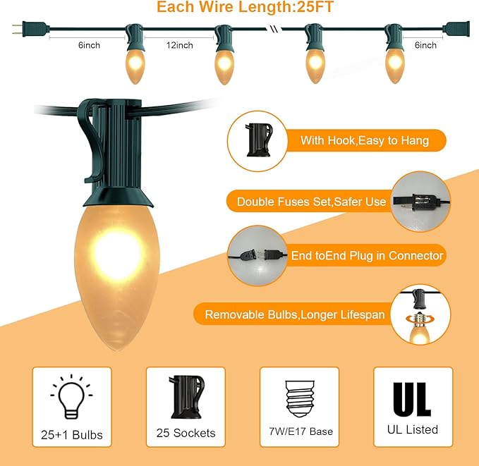 25 FT C9 Frosted Christmas Lights,Warm White Outdoor Light with 26 Bulbs(1 Spare), C9/ E17 Base,Old Fashioned Christmas Lights for Roofline, Yard, Garden, Wedding Decorations
