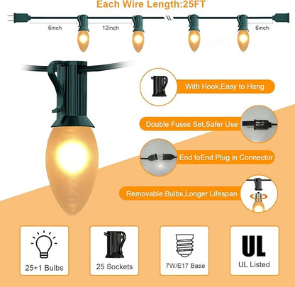 25 FT C9 Frosted Christmas Lights,Warm White Outdoor Light with 26 Bulbs(1 Spare), C9/ E17 Base,Old Fashioned Christmas Lights for Roofline, Yard, Garden, Wedding Decorations