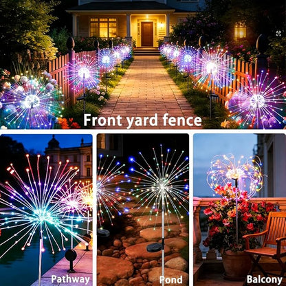 Solar Fireworks Lights for Outside, 150LED 8 Modes Fireworks Solar Lights Outdoor, Fairy Garden Flowers for Yard Pathway Wedding Party Christmas Diwali Garden Decor 2Pack (Multicolor)