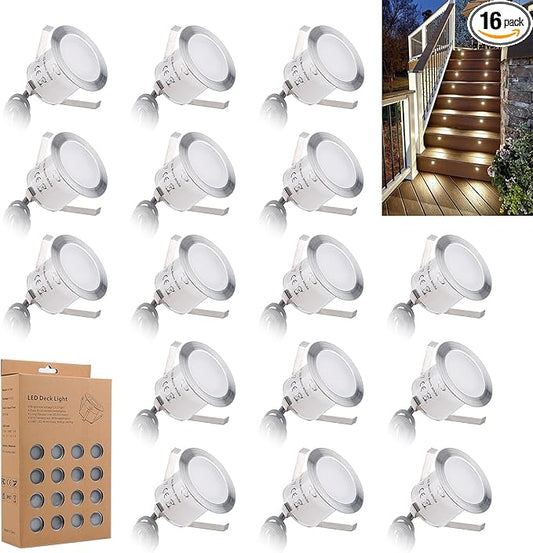 Recessed LED Deck Light Kits 16 Pack, IP67 Waterproof Outdoor Landscape In-ground Lighting, 12V Low Voltage Deck Lighting for Garden,Yard,Patio,Step,Stair,Floor Decoration.