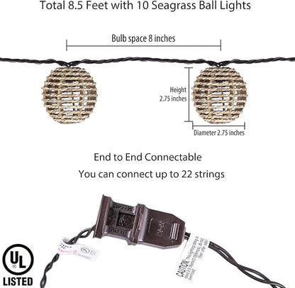 Decorative Outdoor Patio String Lights, Seagrass Rattan Wire Ball Style Lantern String Lights, Connectable Weatherproof Indoor Outdoor Globe Boho String Light for Home Pergola Garden Party Backyard
