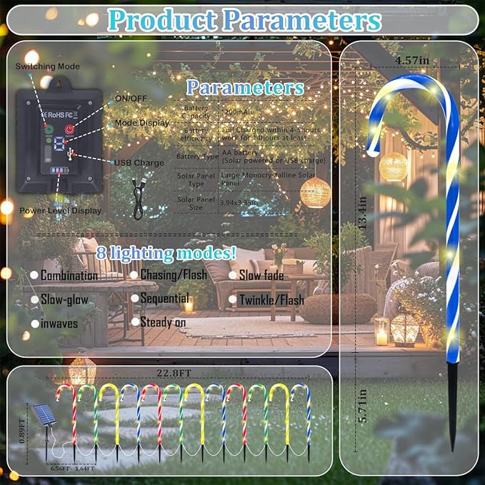 Solar Candy Cane Lights Multicolored, 12PCS Waterproof Candy Cane Christmas Outdoor Lights with 72LED, 8 Modes 1200mAh Solar Powered Outdoor Led Lights for Christmas Pathway, Patio, Garden Decorations