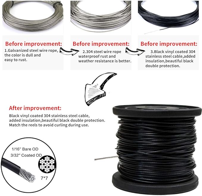 YQL Outdoor String Lights Hanging Kit,Globe String Lights Suspension Kit,164ft Black Vinyl-Coated 304 Stainless | Lumora