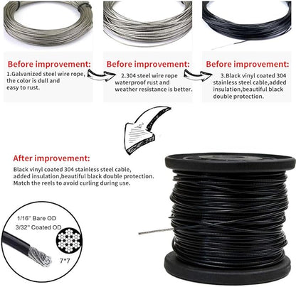 YQL Outdoor String Lights Hanging Kit,Globe String Lights Suspension Kit,164ft Black Vinyl-Coated 304 Stainless Steel Cable,String Light Guide Wire,Hook & Eye Turnbuckle Wire Rope Tension
