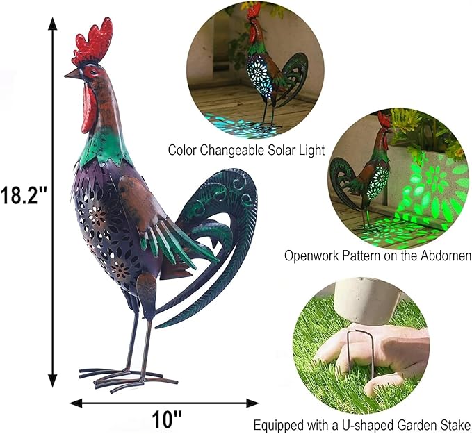 Solar Rooster Statue Light Outdoor, 18" Metal Yard Art Rooster Figurines(Retro Rooster).